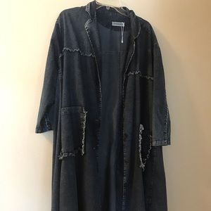 Long, distressed denim jacket